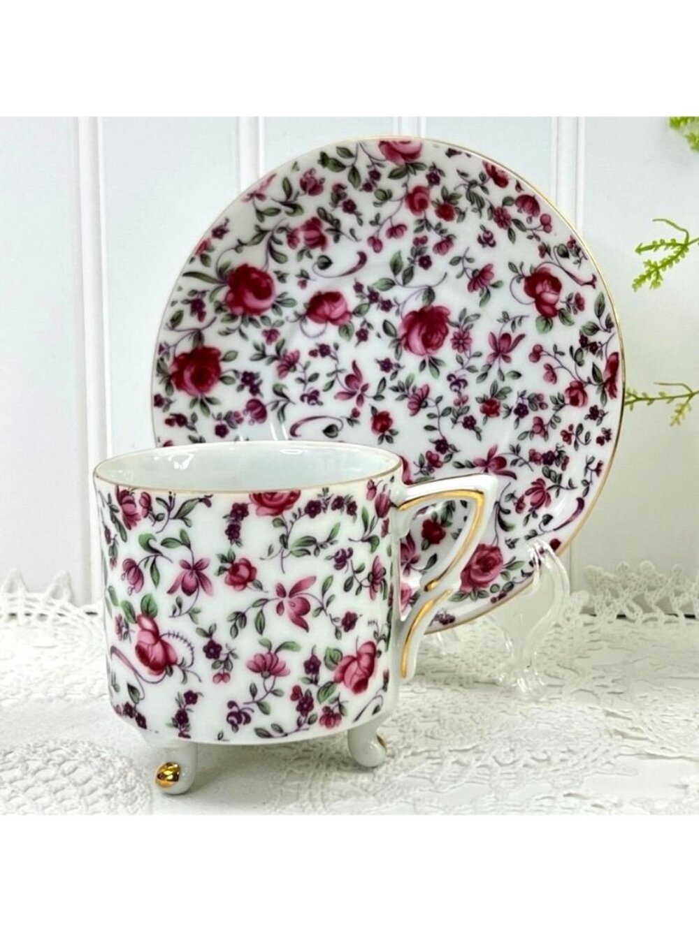 Vintage Yada China Floral Tea Cup & Saucer Pink Roses Gold Trim Cottage Core